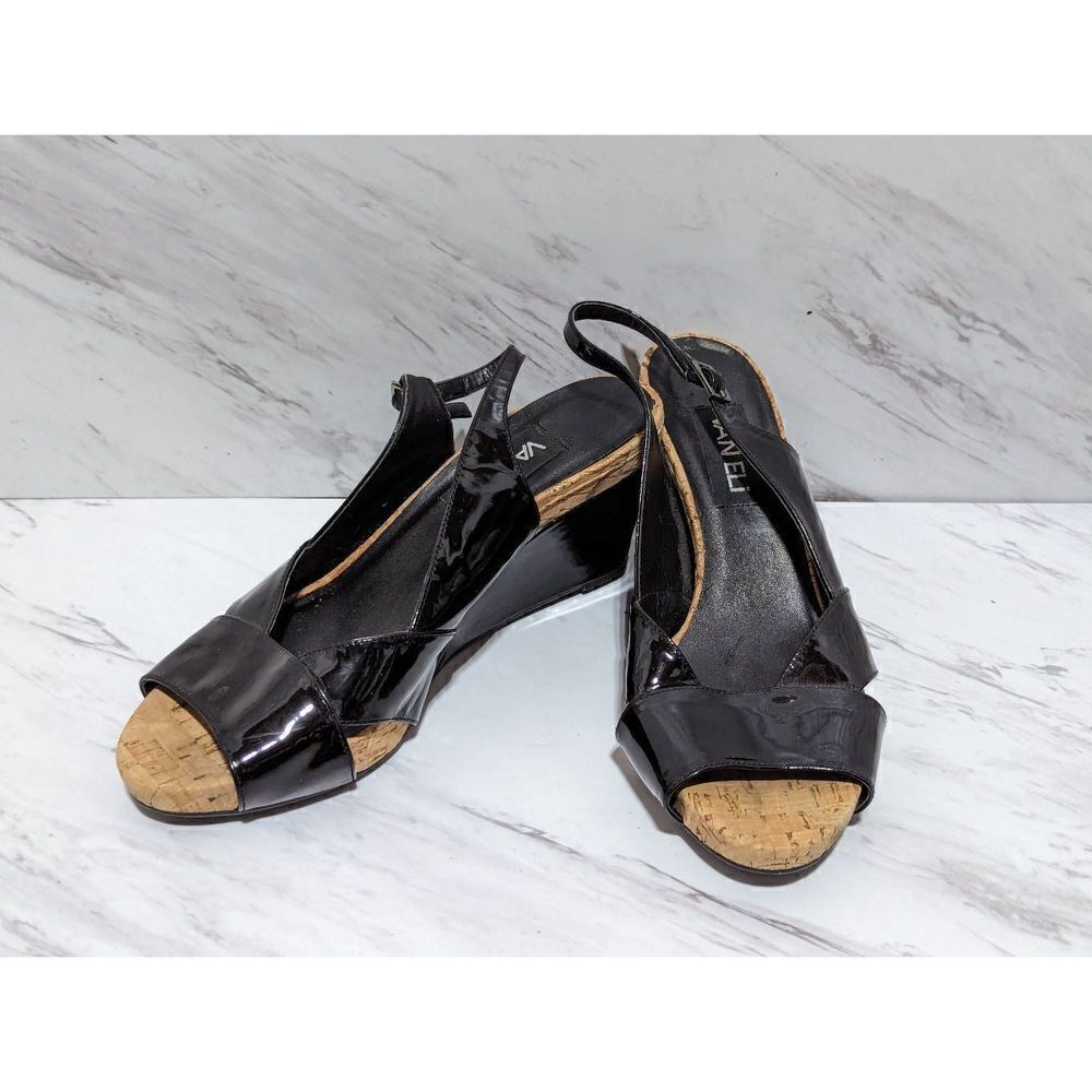 Van Eli Women's Black Patent Leather 3" Wedge Cork Trim Heels Slingback Size 8